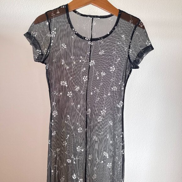 Sheer Floral Mesh Maxi Dress – Black White Overlay – XS/S – Y2K Grunge Layering - Picture 9 of 11